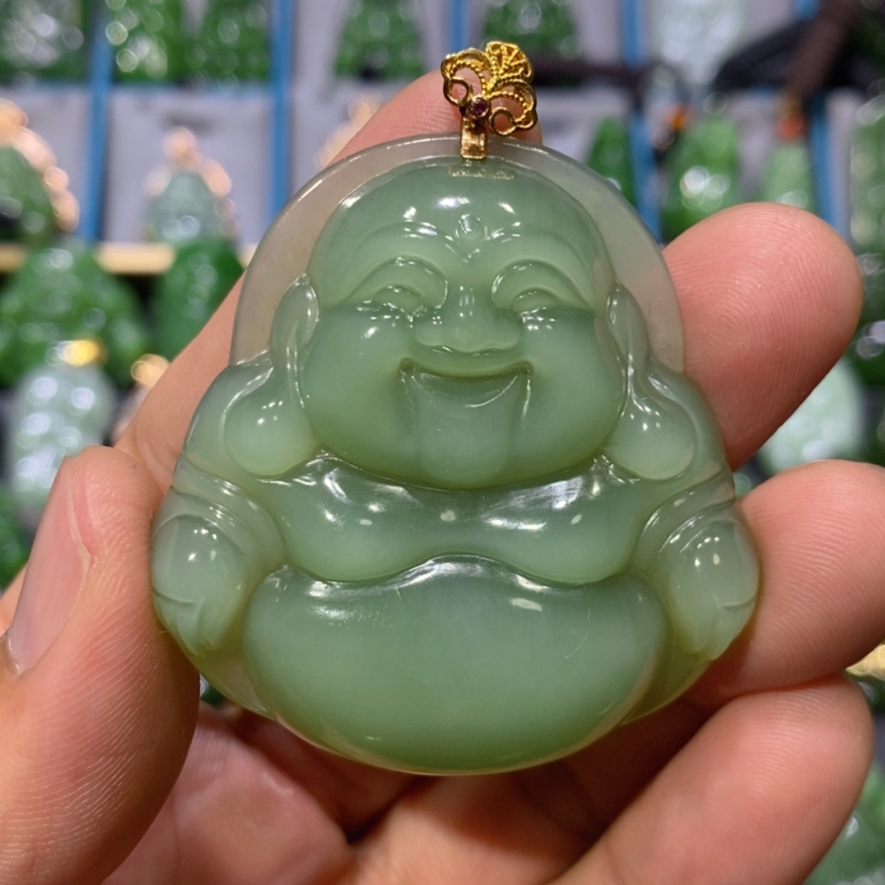 【闪购商品】和田玉吊坠(不含链)18K金镶嵌粉青猫眼佛公 46/48/11