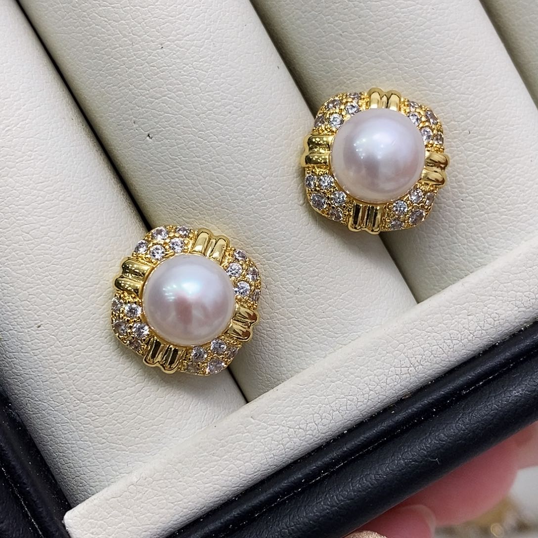 合金淡水珍珠耳饰无瑕镜面极光小香风款8-9