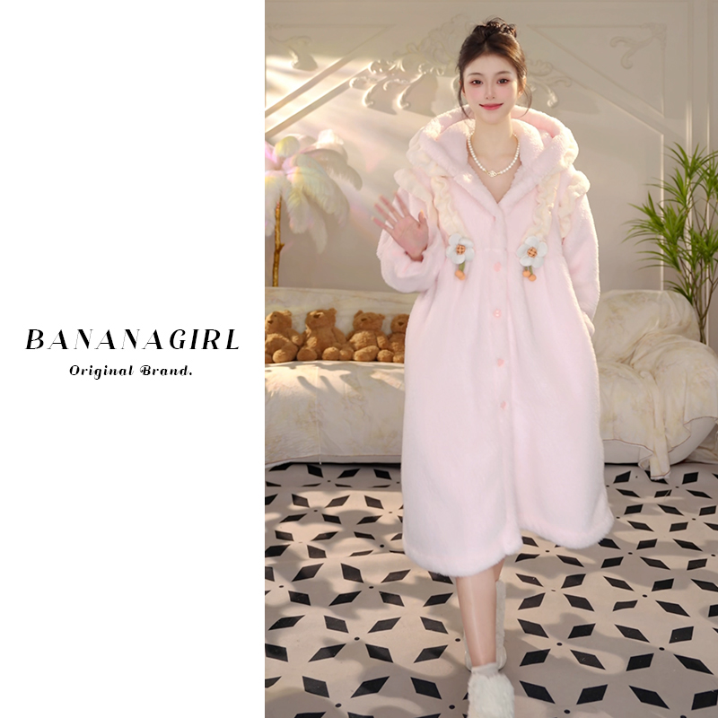 Bananagirl【送你一朵小粉花】睡衣女秋冬长款睡袍加绒家居服可外穿