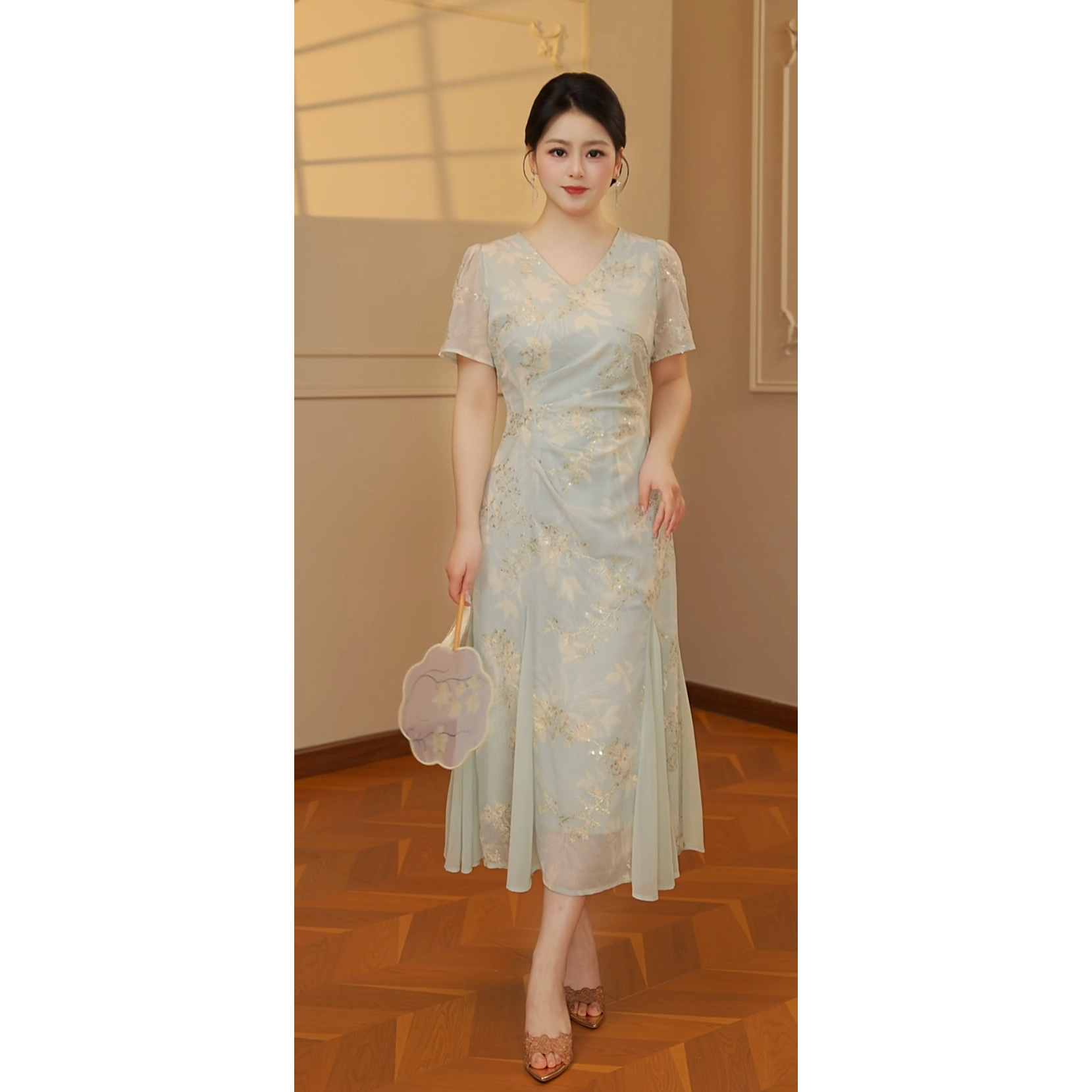 【林冰冰】【琉璃清晨】【有里布】夏季旗袍温婉连衣裙微胖大码B0360