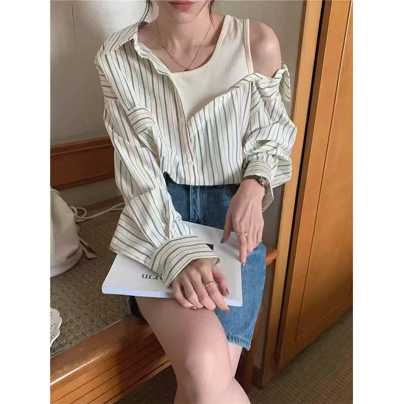 （女装）90125 洋气宽松polo领拼接假两件露肩条纹长袖衬衫