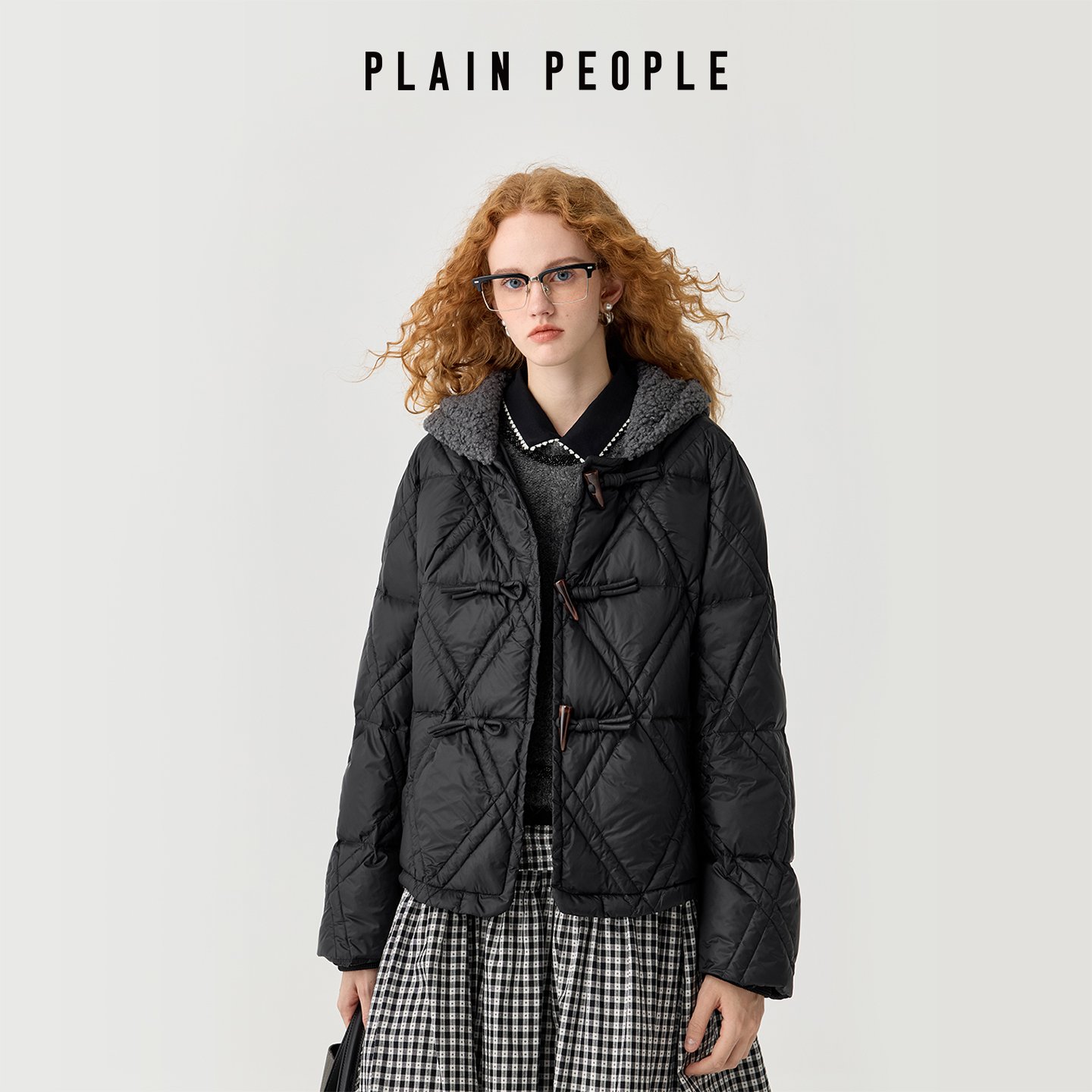 PLAIN PEOPLE复古学院绗缝牛角扣连帽羽绒服90鸭绒外套2025冬新款