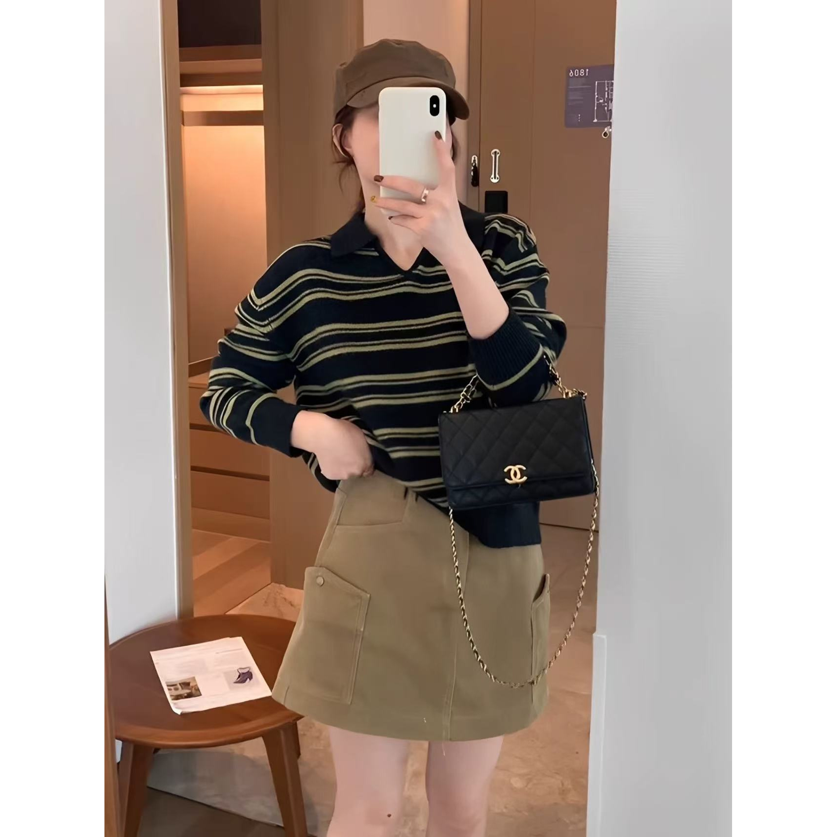 T3028<单曲循环> 灰色撞黄色小翻领针织毛衣套头女