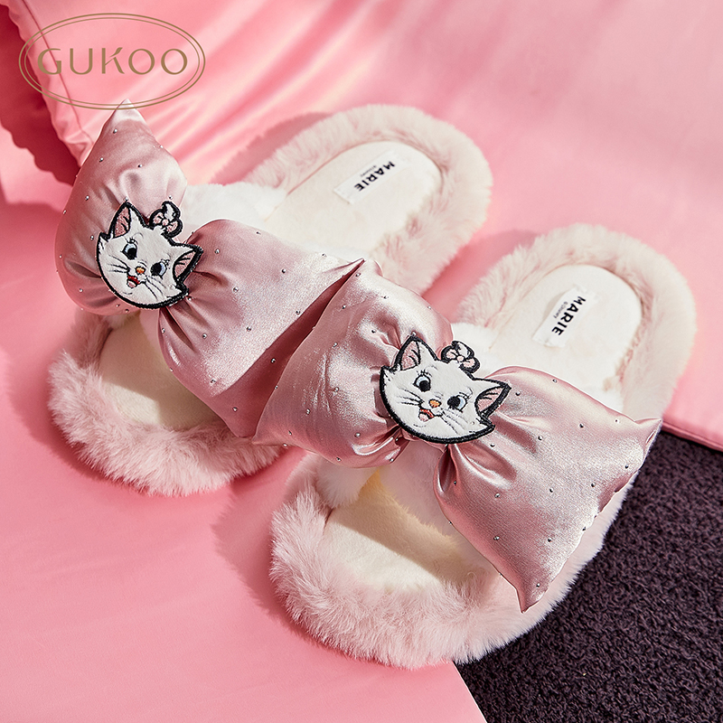 【珂珂专属】Gukoo果壳玛丽猫联名锻面蝴蝶结甜美充绒毛毛居家拖鞋