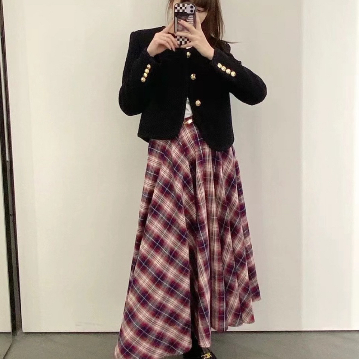 99新 Celine/思琳 2022春夏法兰绒红色格子长款半身裙 01265特价
