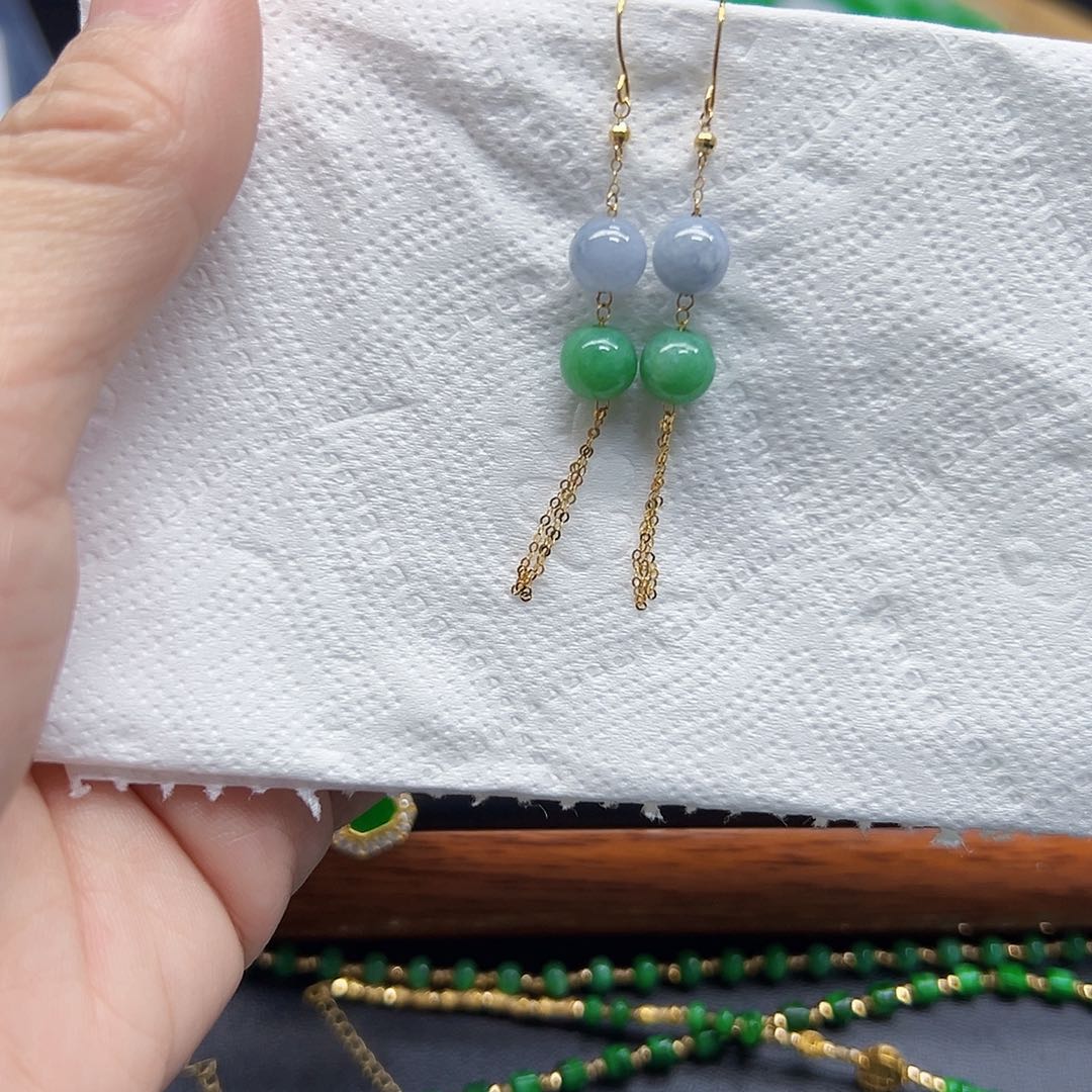 翡翠耳饰18K金镶嵌天然缅料A货一件