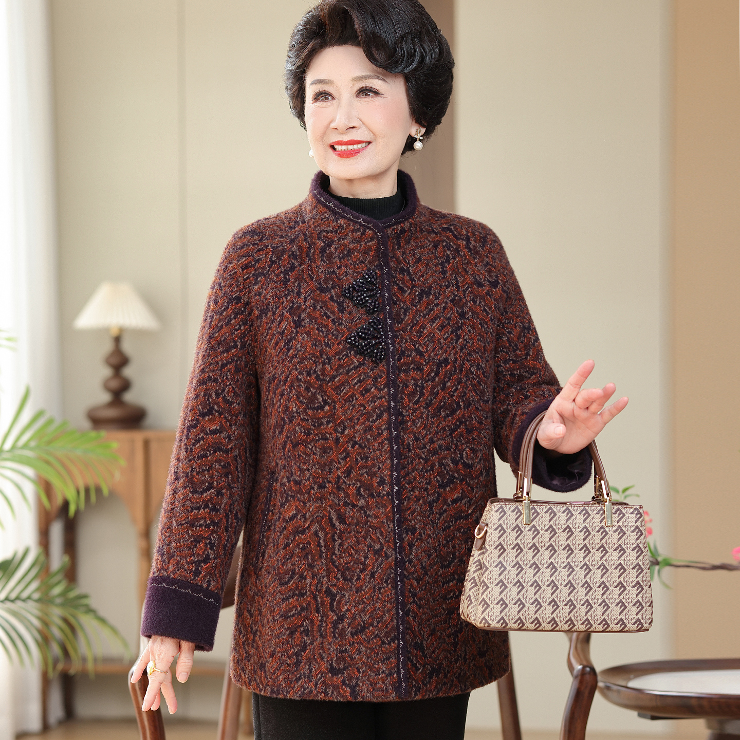 中老年妈妈秋冬呢子大衣奶奶装宽松国风唐装外套老太太婆婆衣服