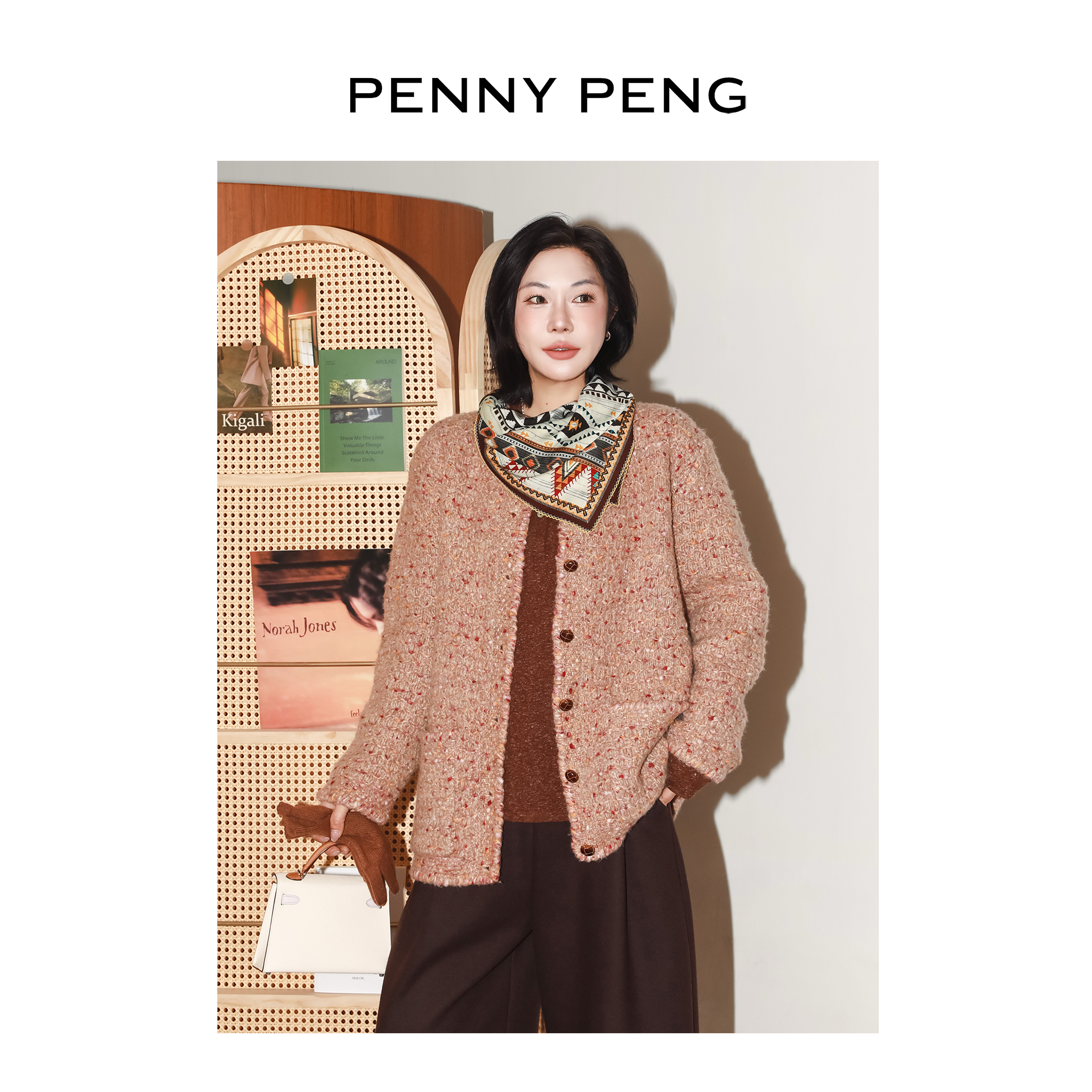 PENNYPENG回旋曲 秋冬新款复古粗花呢混色纹理小香风宽松羊毛外套