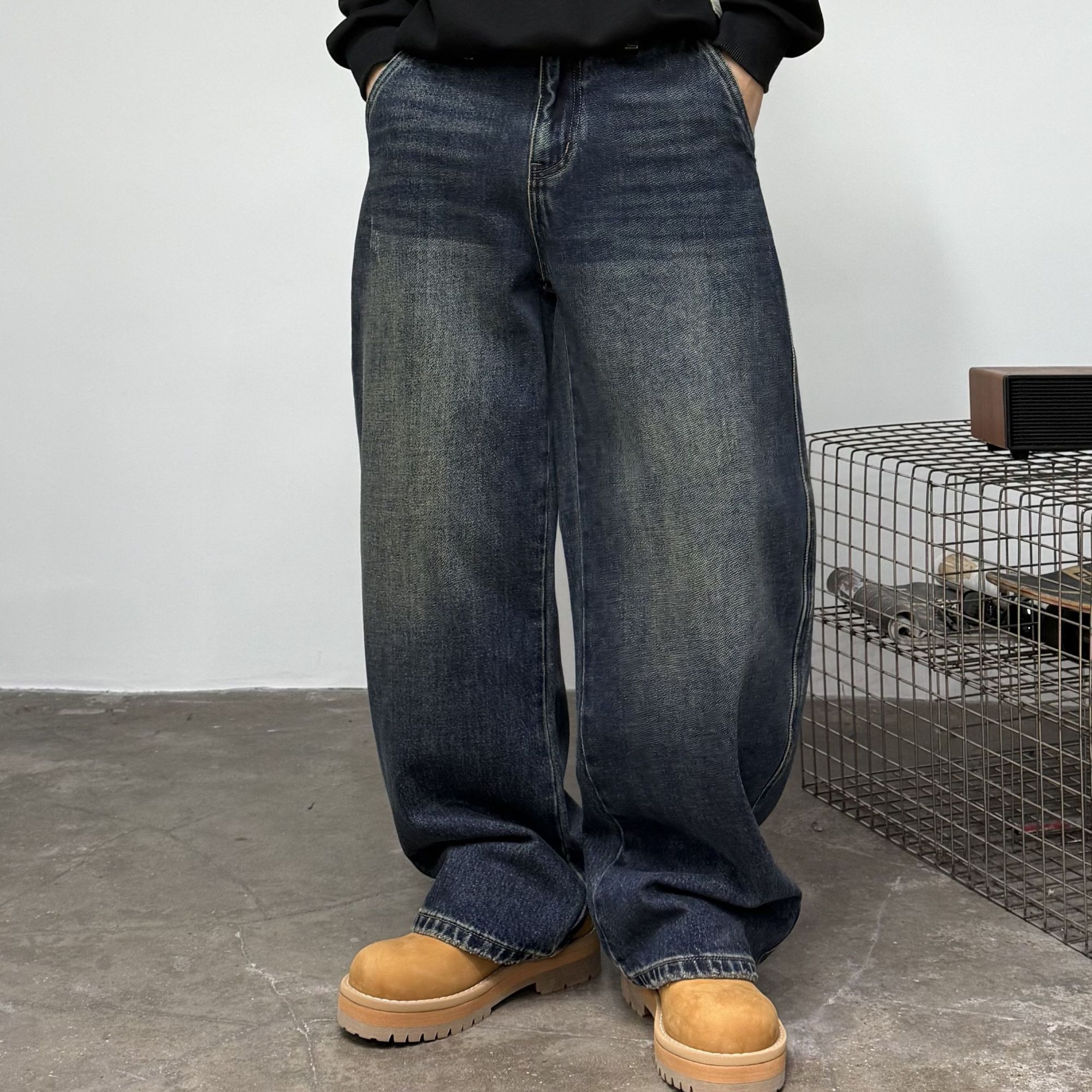 水洗冬季中腰牛仔裤直筒休闲百搭做旧宽松微弹拉链秋季春秋390115