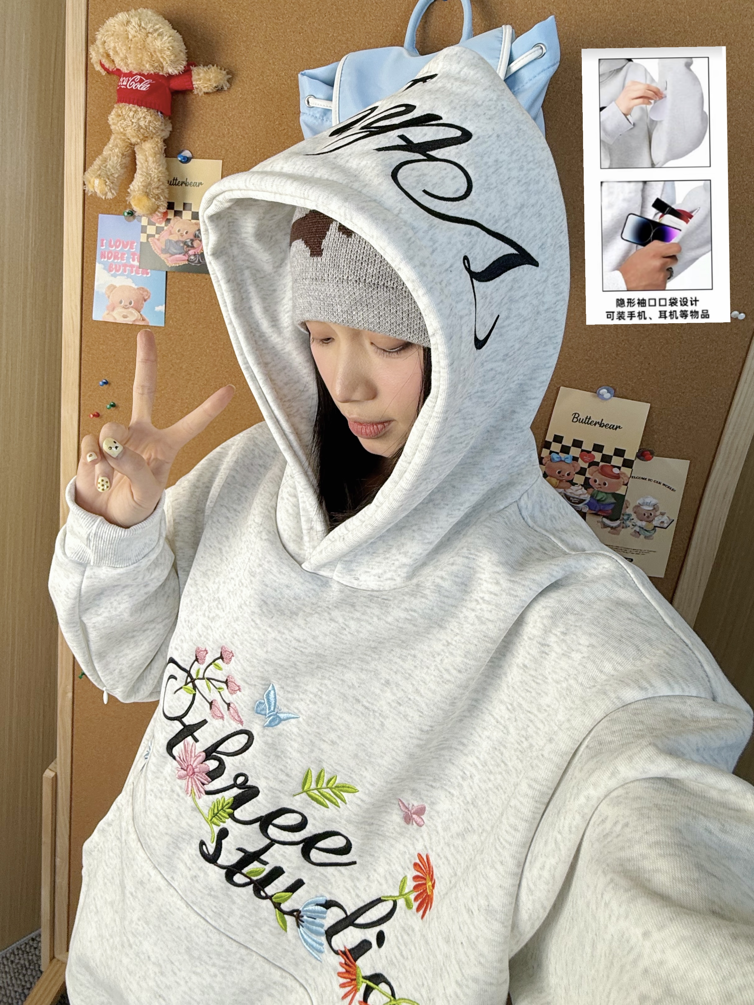 VThree帽子彩色花卉刺绣连帽袖袋卫衣男女款秋季宽松帽衫美式情侣
