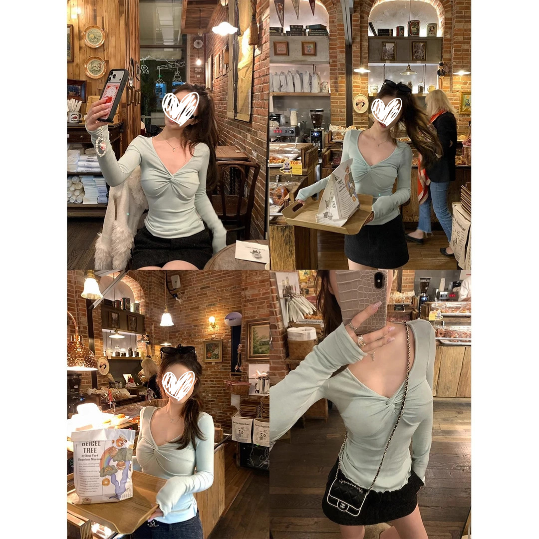 扭结V领性感辣妹长袖T恤女秋冬新款设计感修身显瘦时尚打底衫上衣