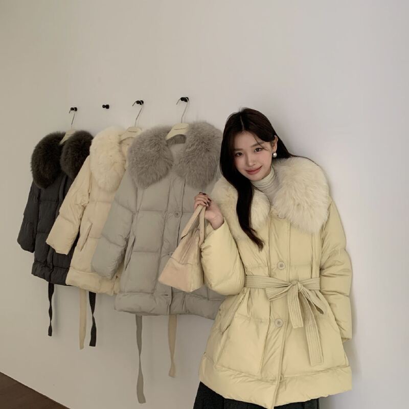 2025冬季新款韩系90白鹅绒真狐狸大毛领羽绒服女中长款收腰8502