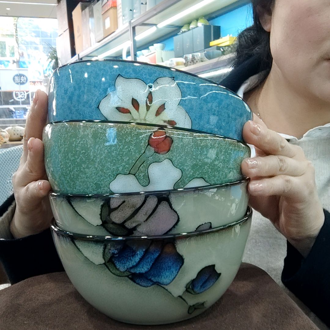 瓷片小可陶瓷高温釉下彩一组四只面碗