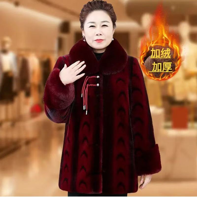 B242中老年女装新中式中老年加绒棉袄中长款毛领外套