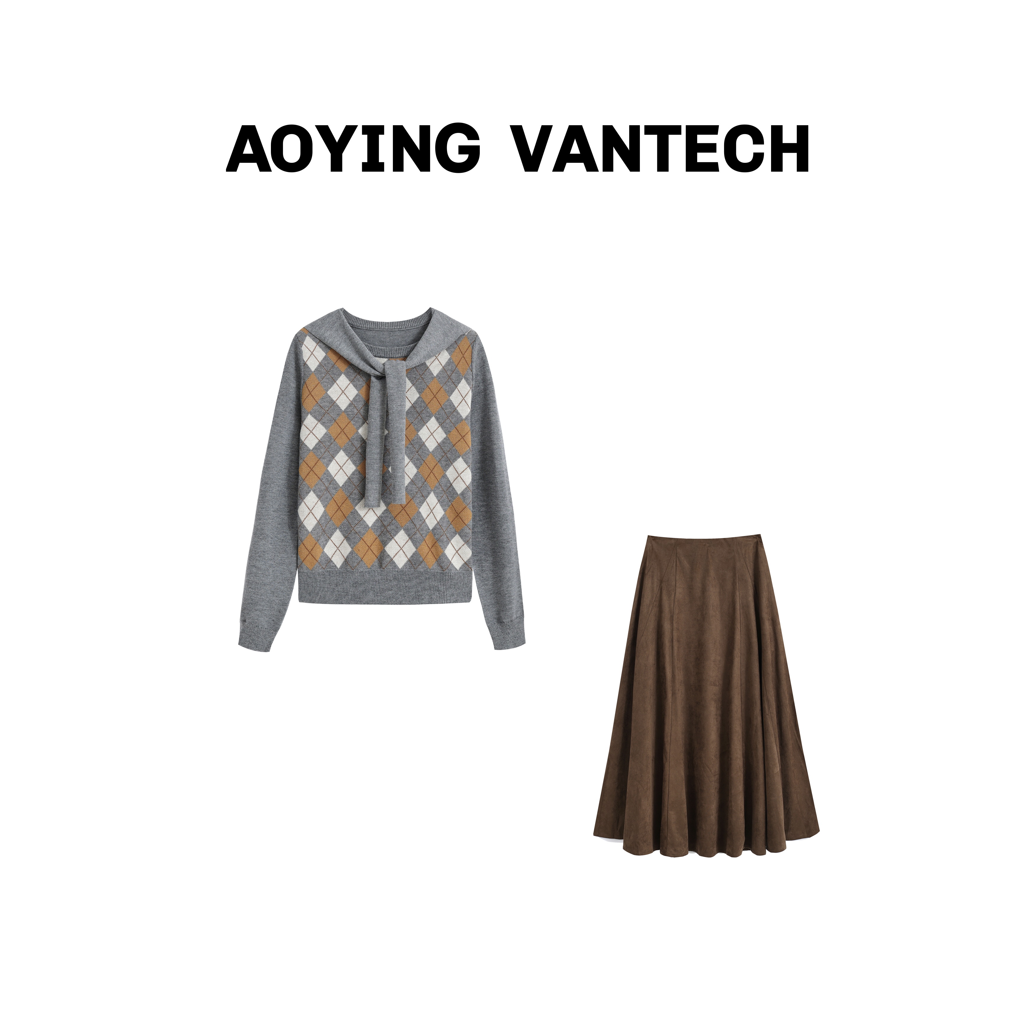 AOYING VANTECH 黄油可露丽带披肩绵羊毛毛衣+麂皮绒百褶半裙套装