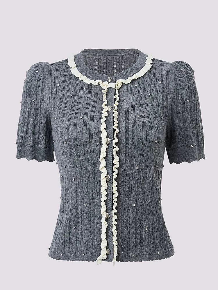 花颜薄款开衫款纯色常规毛针织衫荷叶边修身洋气气质