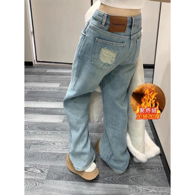 （单裤-加绒）高腰阔腿牛仔裤女2025秋加绒加厚宽松浅色直筒拖地裤
