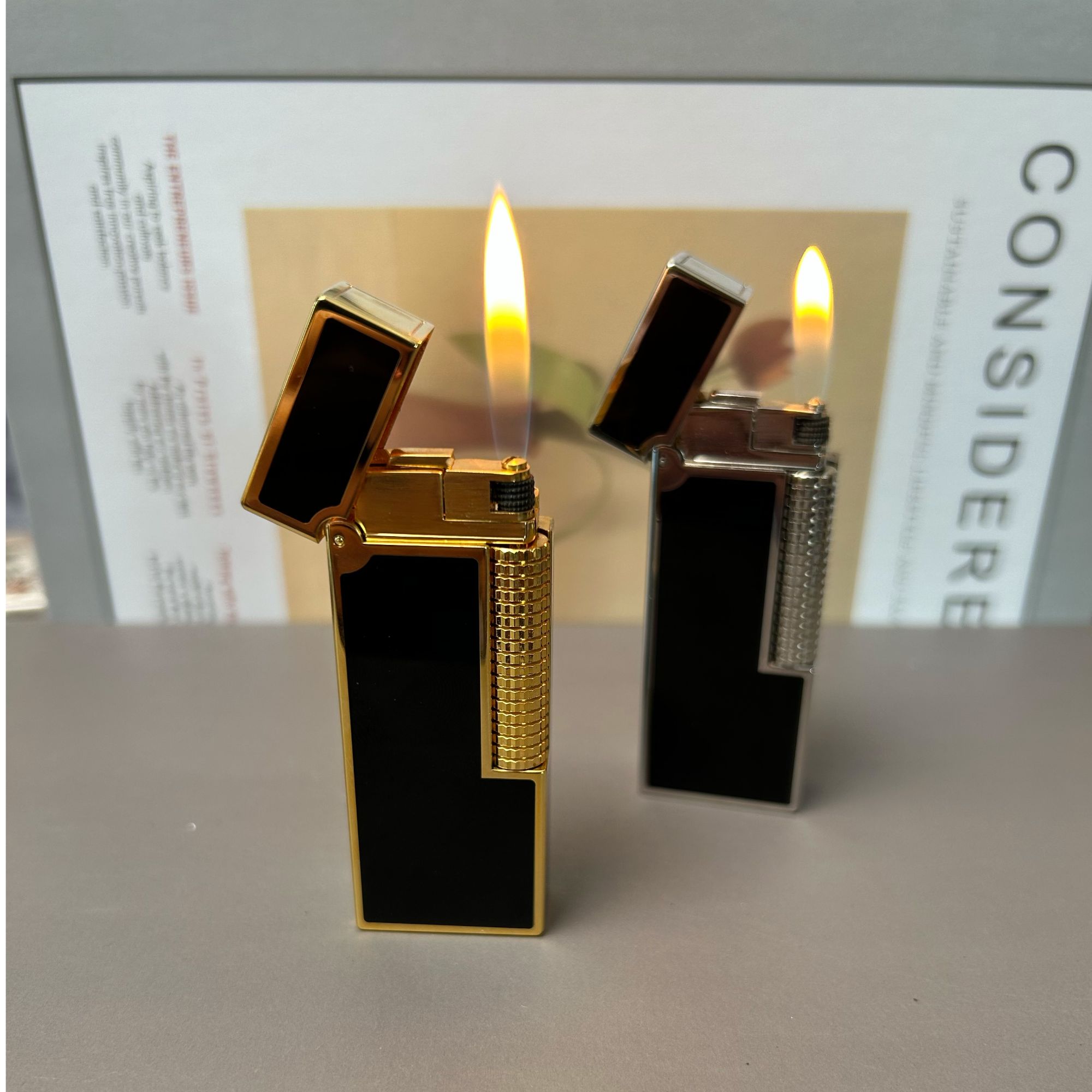 神骏亮面教父窄版侧滑轮充气男士打火机高档创意打火机窄机