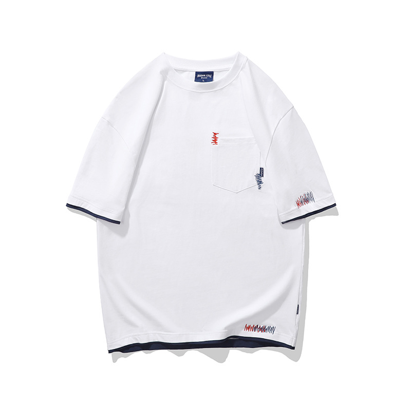 8033纯棉短袖夏季透气t恤潮流拼接假两件宽松体恤衫圆领口袋T恤男
