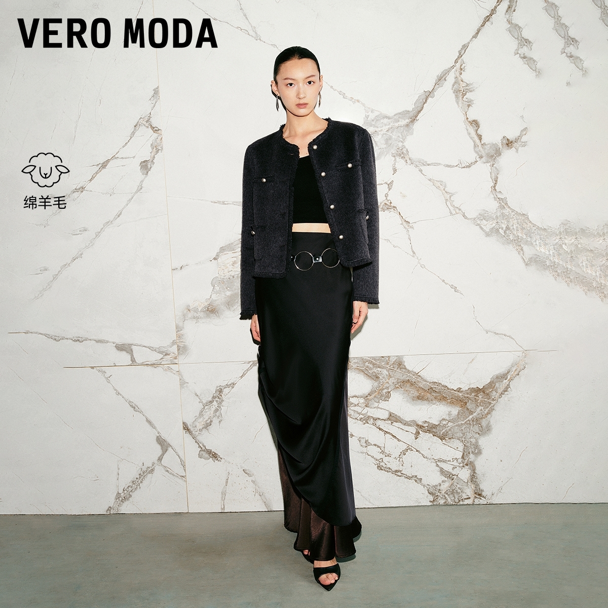 Vero Moda毛呢外套25新款纯羊毛流苏包边上衣气质流光风32534T002