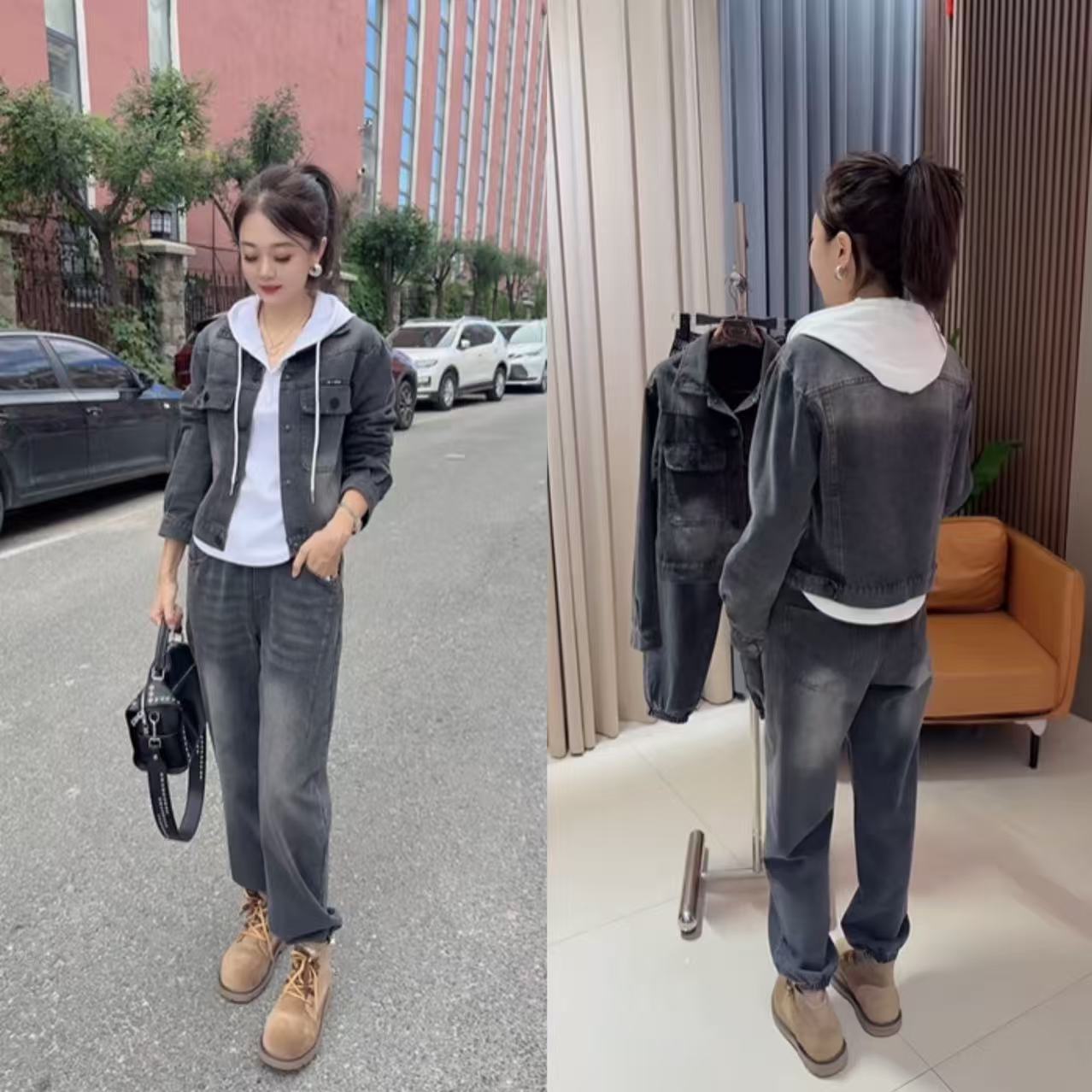 春秋欧货休闲复古牛仔套装两件套【外套+裤子】85138