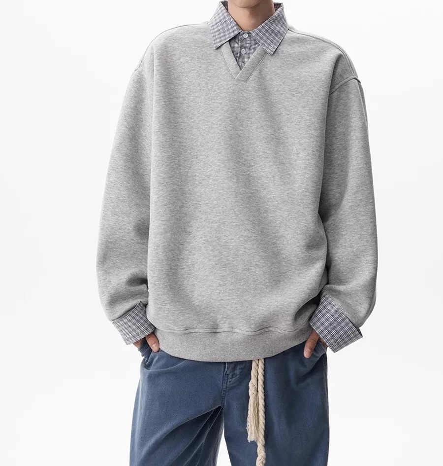 THR420g重磅加绒格纹假两件翻领卫衣男女秋季拼接Polo领长袖