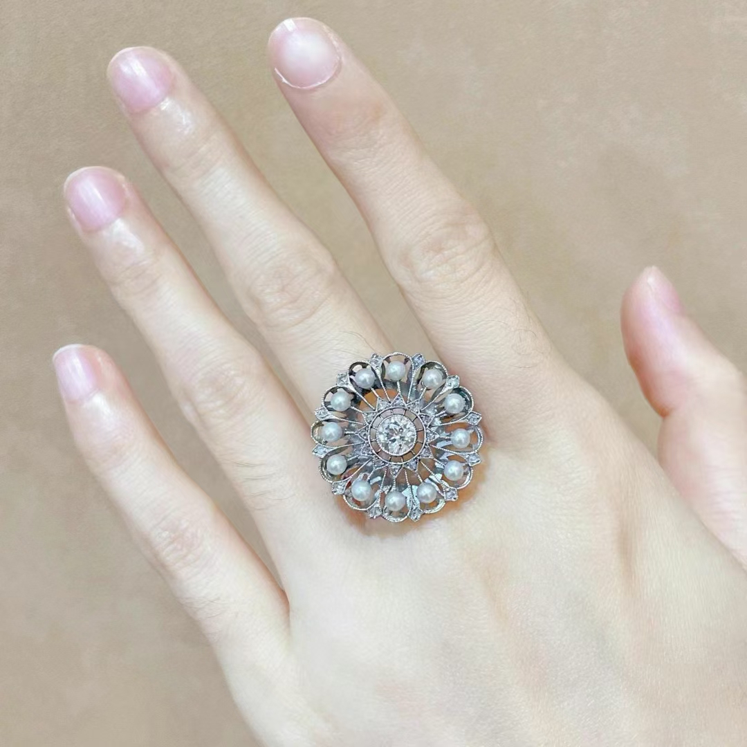 古董珠宝珍珠钻石，古董戒指，通体采用pt900铂金精工细作，小米珍珠