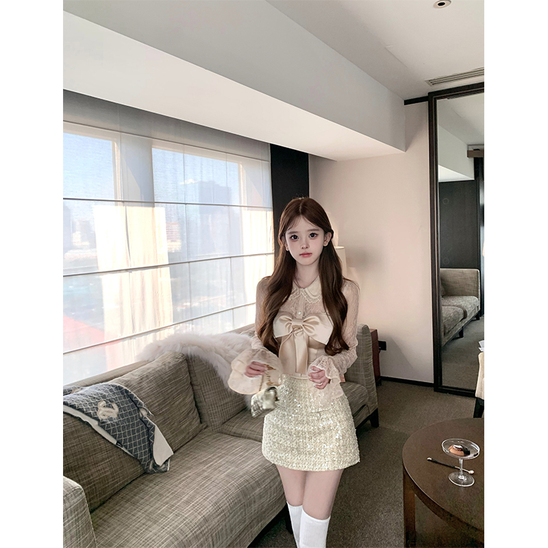 2025时尚甜美风洋气蕾丝休闲百搭长袖上衣高腰包臀半身裙短裙套装