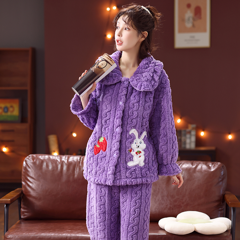 睡衣家居服加绒加厚保暖秋冬季女士外穿学生甜美卡通大码长袖长裤