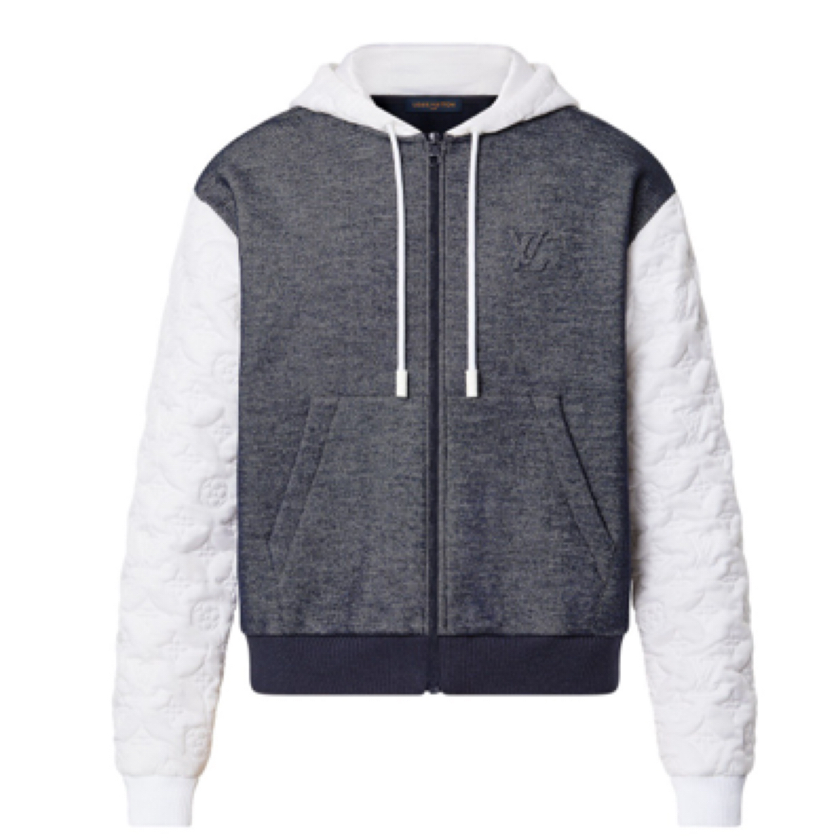 LV 23新款 手臂浮雕暗纹老花满印 logo蓝白拼接羊毛外套 灰色 L