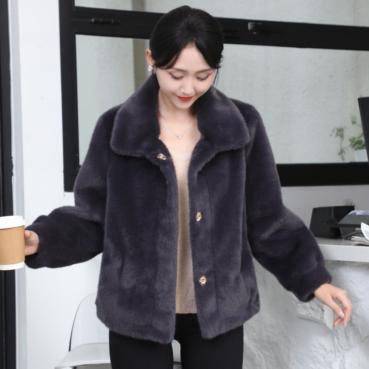 翻领韩版纯色宽松型短外套百搭纽扣女暗扣上衣秋冬