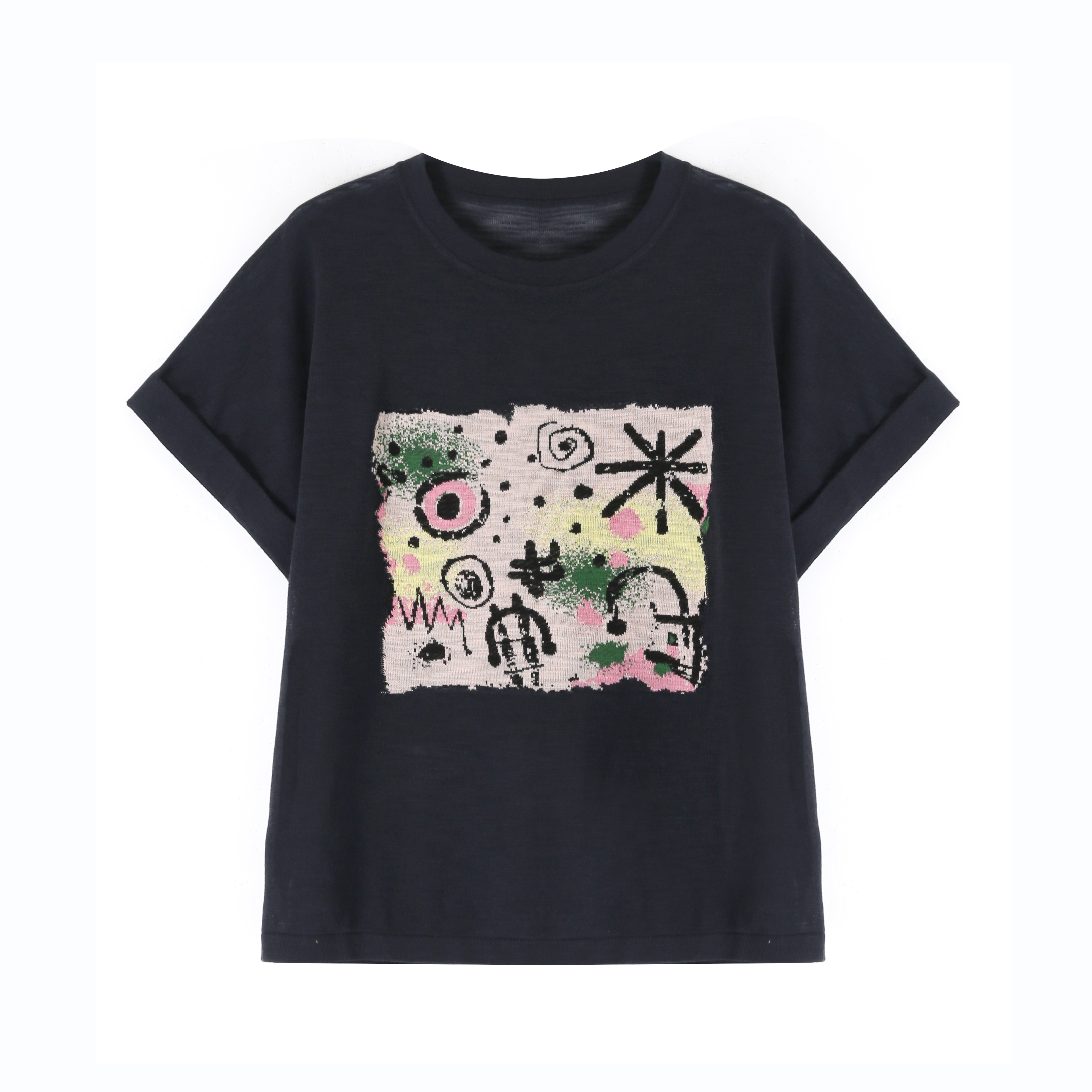 【小花】夏季新款拼色竹节麻卡通图案T018