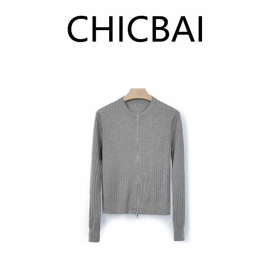 CHICBAI 奢华亲肤100美丽诺羊毛坑条双拉链针织开衫