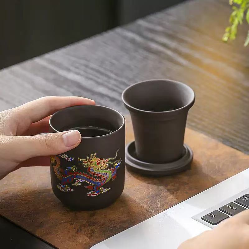 LX244黑泥紫砂龙凤呈祥茶茶水分离器便携旅行茶具
