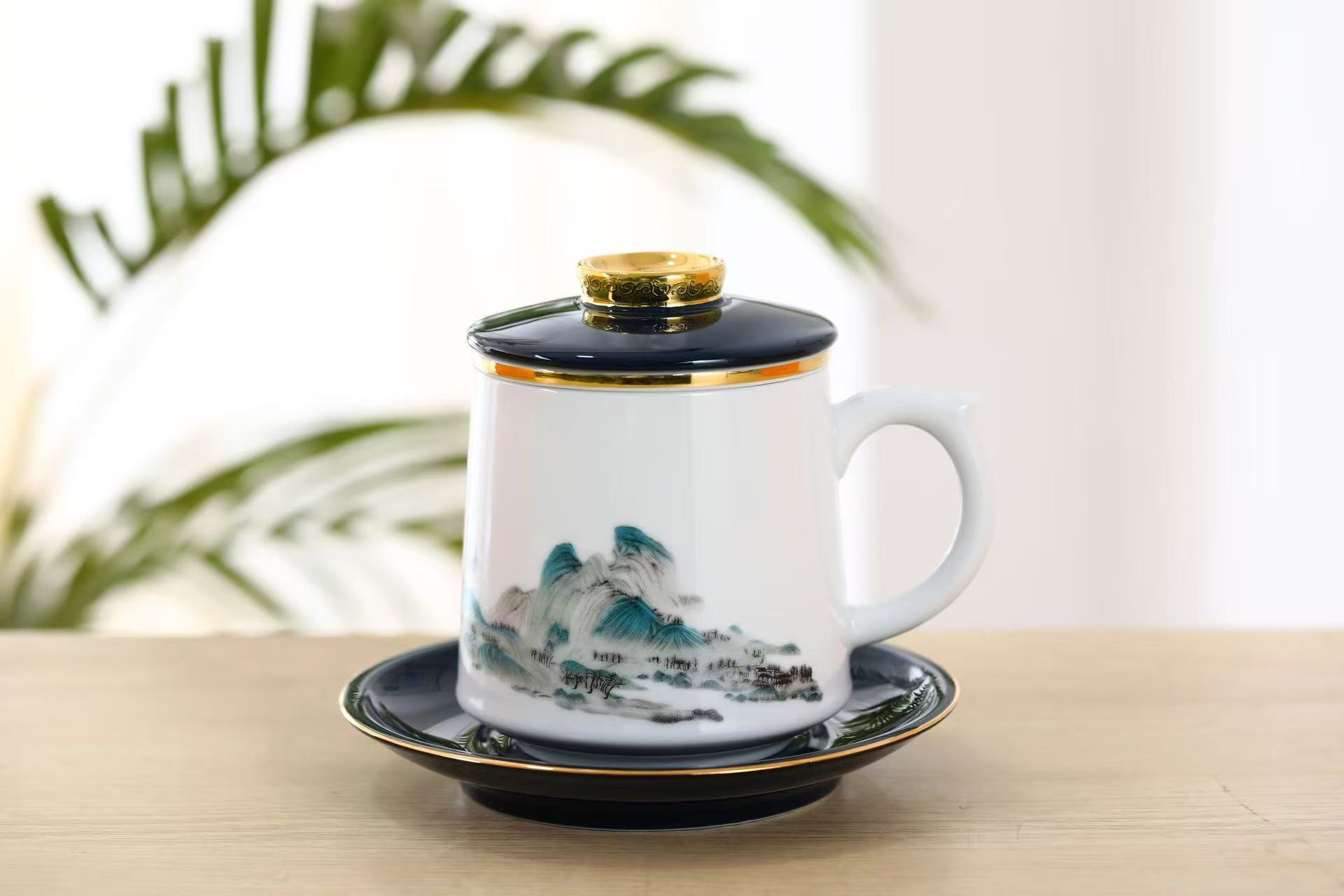 景盛国瓷千里江山四件套杯高档过滤陶瓷带盖