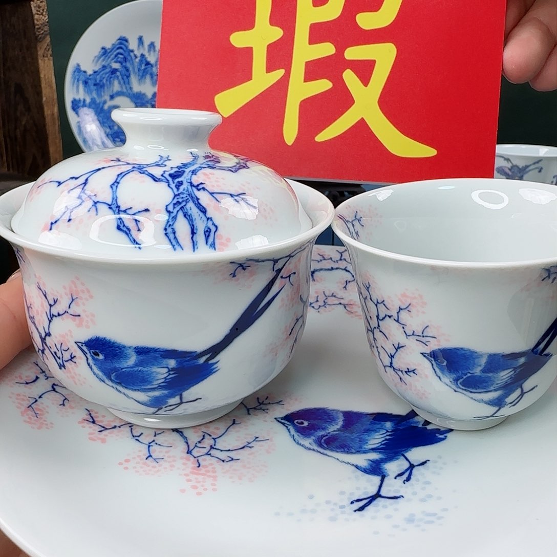 景德镇青花粉花鸟套系