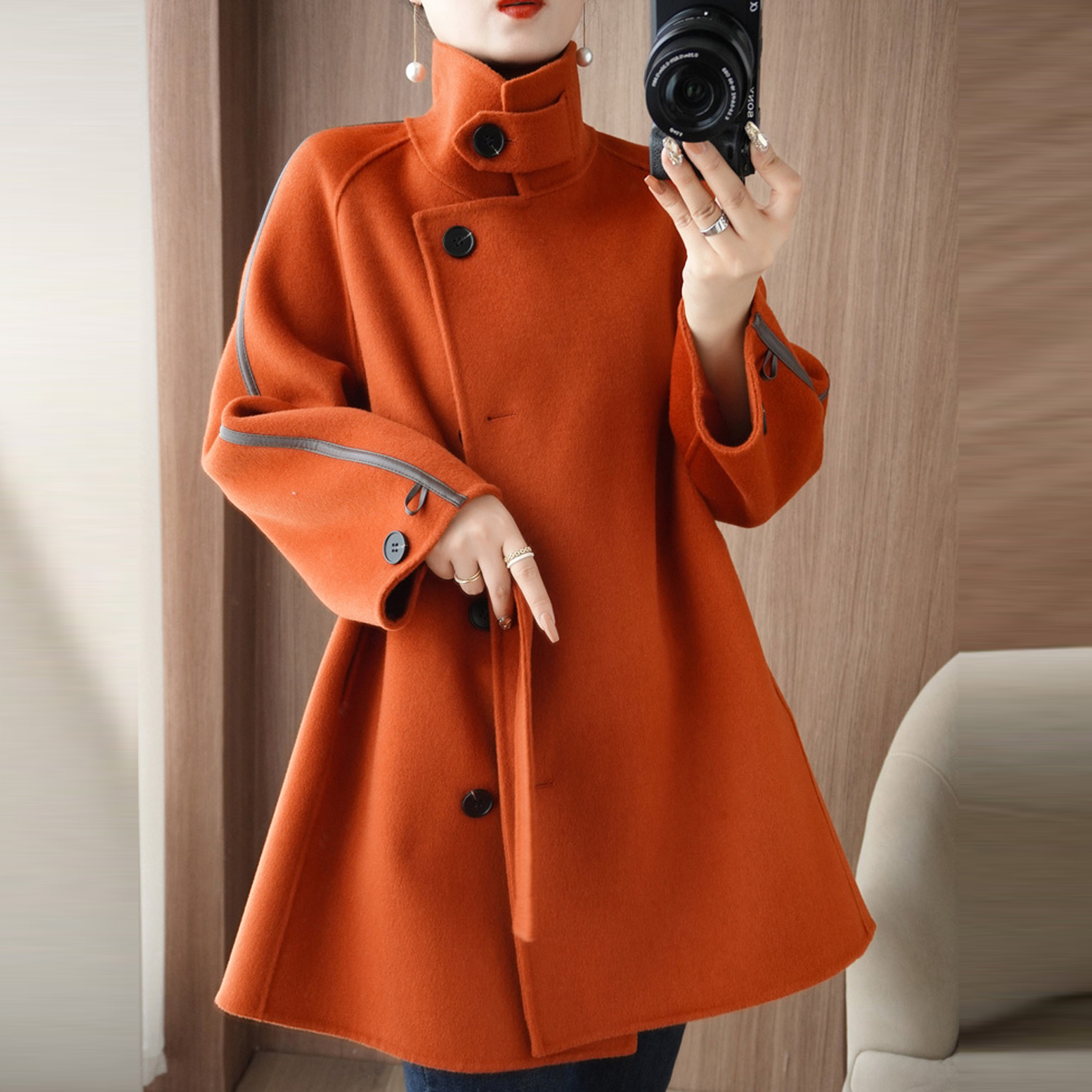 秋冬新款双面羊毛大衣女中长款宽松系带羊毛呢大衣