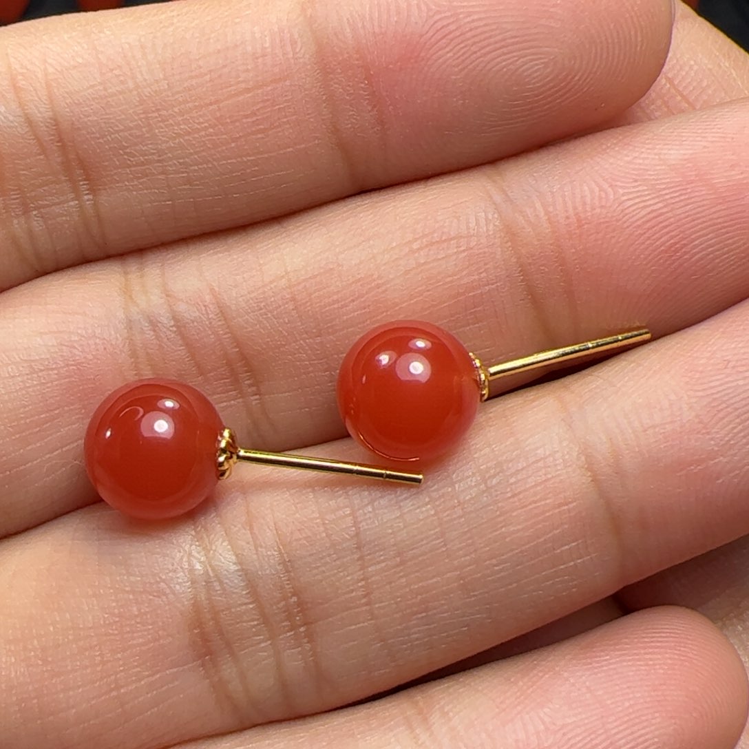 南红玛瑙耳钉18K金镶嵌