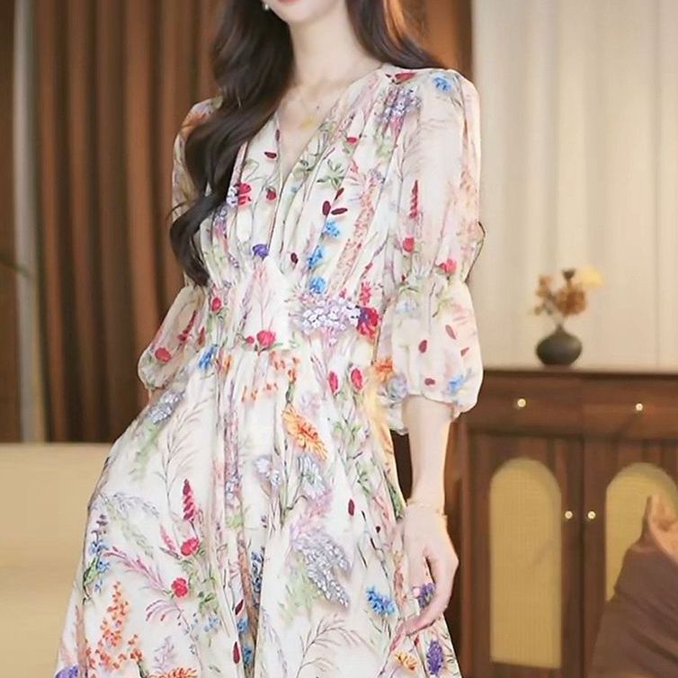 【yoyl】普罗旺斯 法式气质高级感收腰显瘦喷绘长裙-YL11404