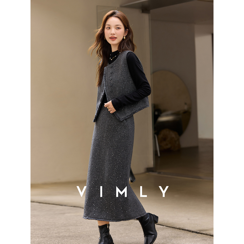 F梵希蔓灰色亮片套装女冬季圆领无袖马甲直筒半身裙两件套A3332