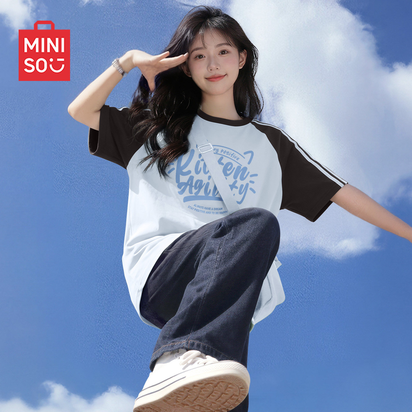 MINISO名创优品蓝色t恤女2026新款夏日纯棉短袖今年流行漂亮女装