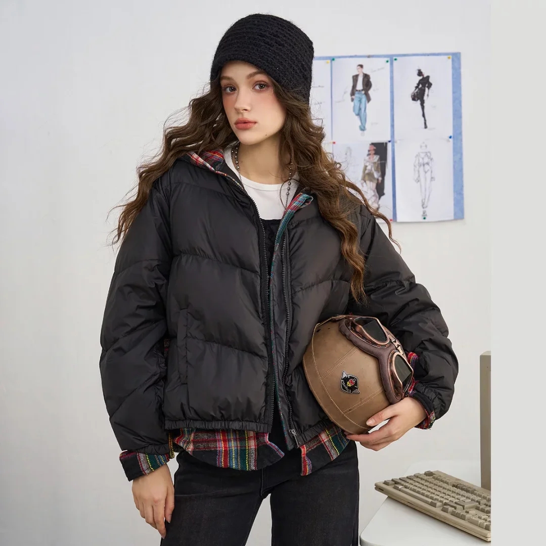 潮牌高货假两件重工短款羽绒服冬季保暖格子拼接面包宽松羽绒外套