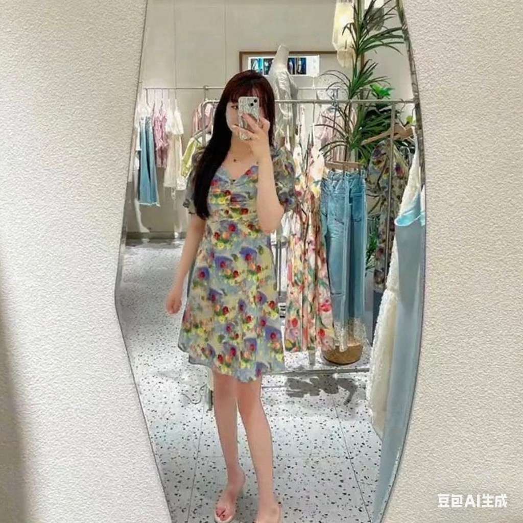 夏季雅致印花V领棉质短裙度假法式风格连衣裙