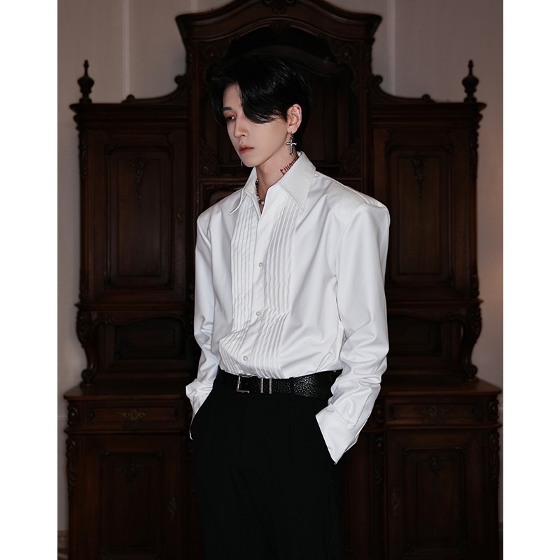 HARH“岚夜月白2代”原创设计感褶皱立领黑白衬衫可拆卸垫肩衬衣