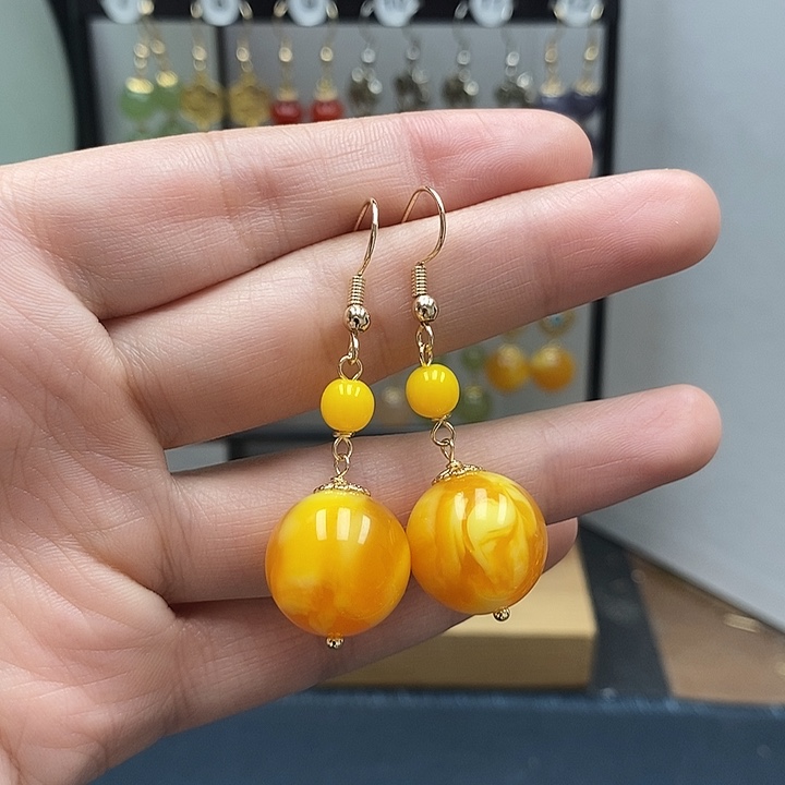 蜜蜡银S925镀金镶嵌耳饰16mm 