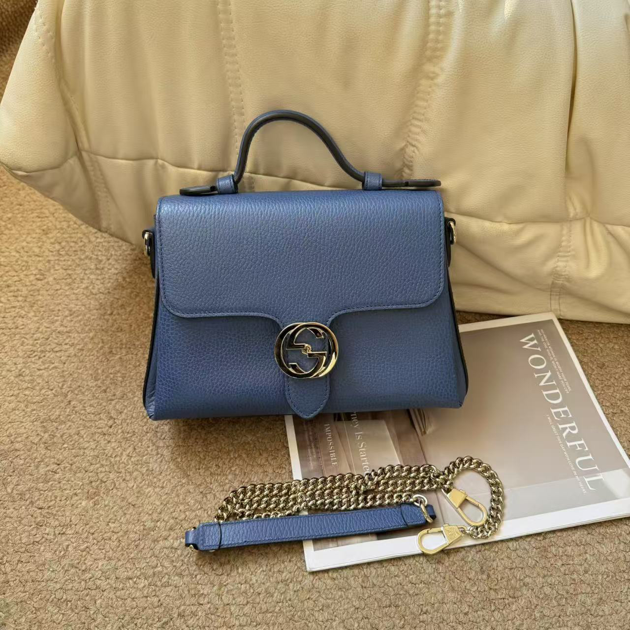 95新 GUCCI/古驰 Gucci 蓝色 牛皮  2way风琴包/631479130