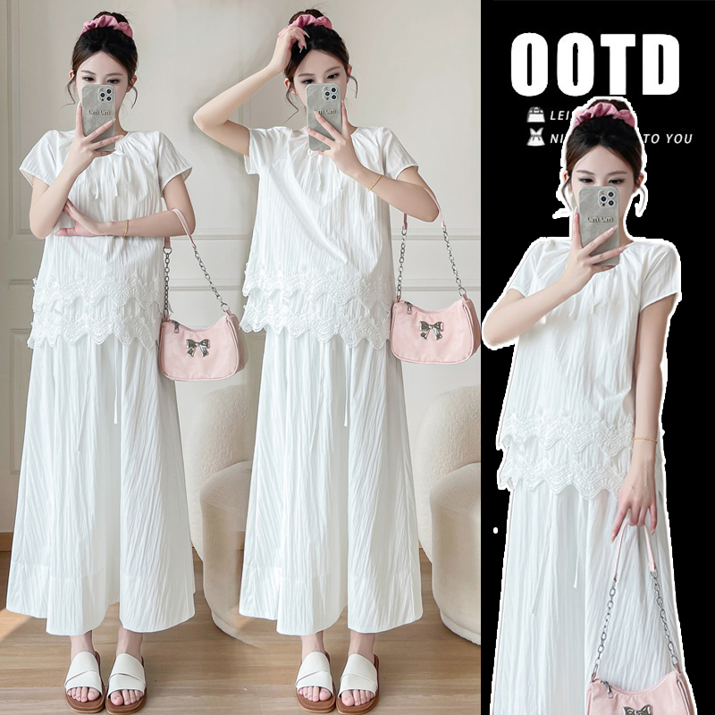 【苏安诺】孕妇装夏季洋气波浪镂空层叠花边法式上衣+半身裙两件套