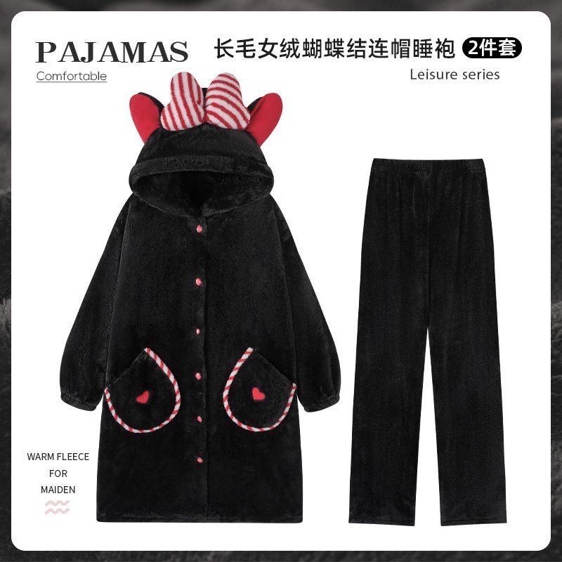 2025冬季新款长毛绒连帽睡袍女加绒加厚珊瑚绒保暖睡衣家居服套装