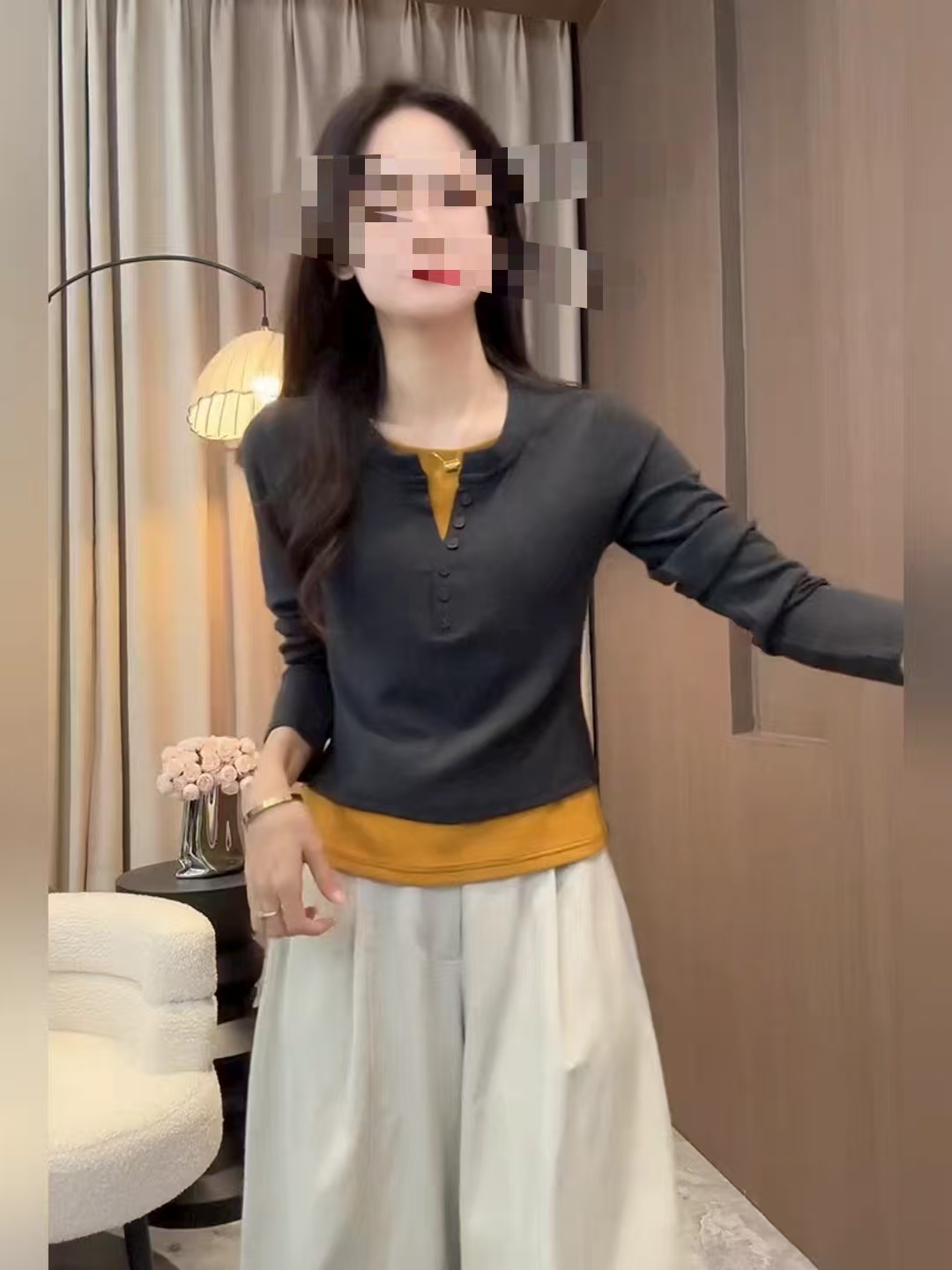 实体店直播：时尚百搭洋气超级显瘦打底衫T恤（扣子款）