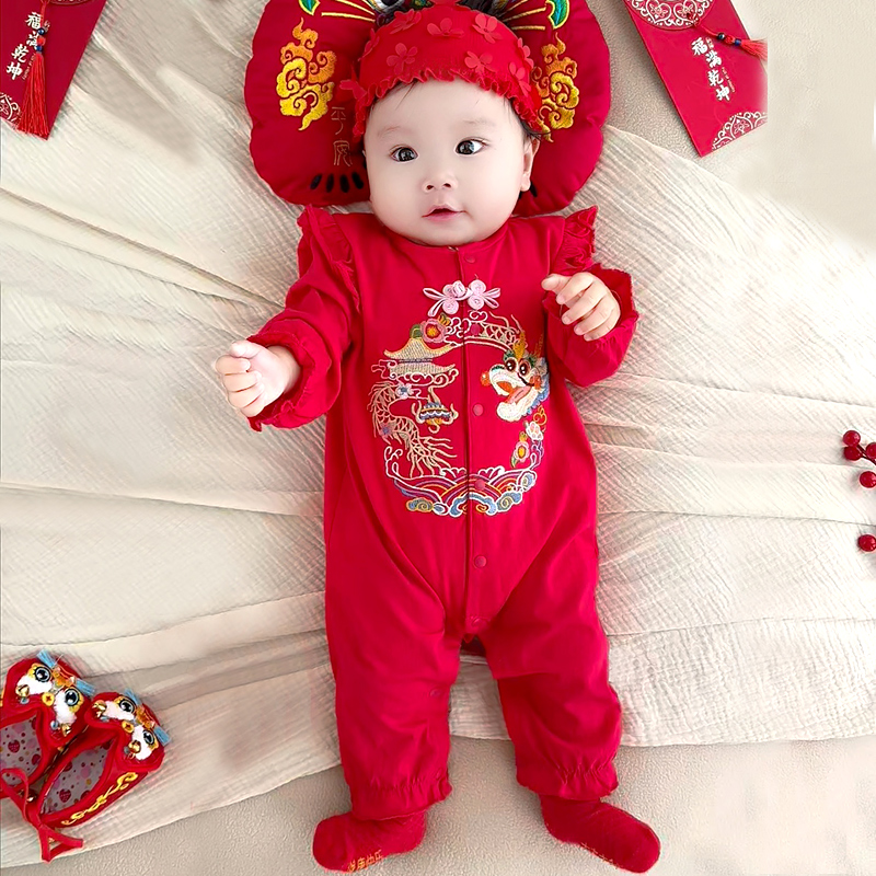 喜庆新款男女宝宝长袖秋冬哈衣满月百天周岁婴儿连体衣爬服5512
